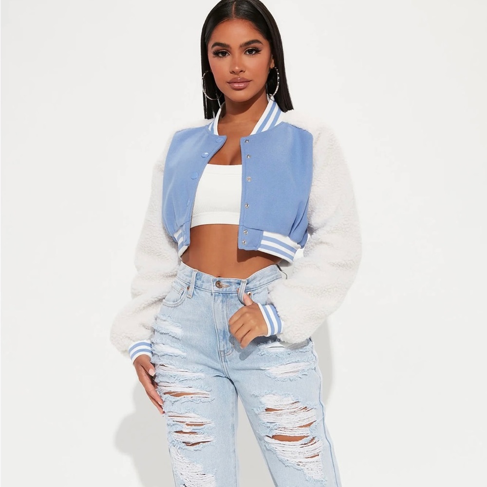 Blue and white Cropped Varsity Jacket- LIKE NEW - Picture 2 of 3